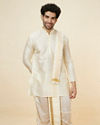 alt message - Manyavar Men Ivory White Traditional South Indian Kurta Pancha Set image number 1